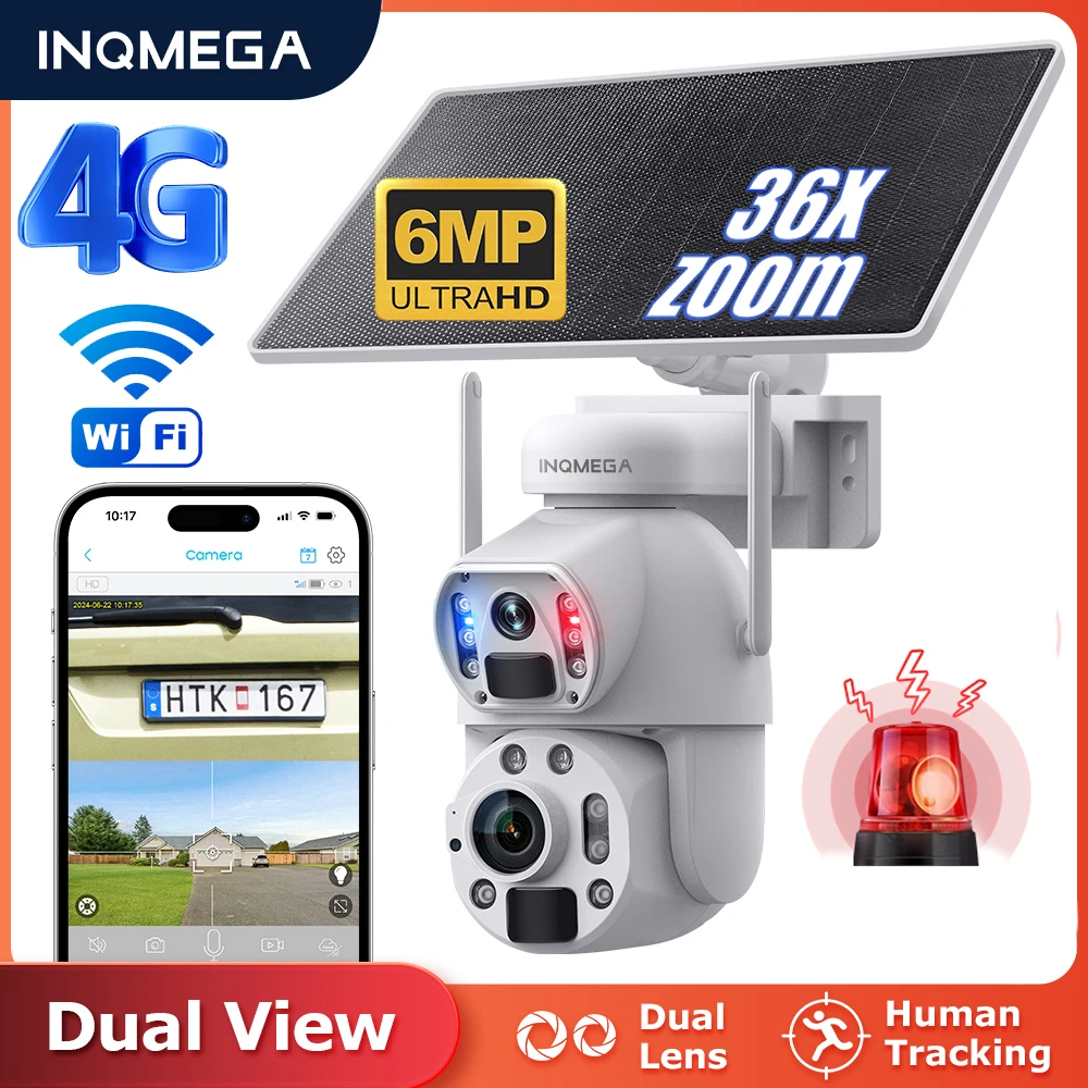 inqmgea camera de seguranca solar zoom 36x 4g wifi lente dupla deteccao pir rastreamento automatico para quintal camera ptz externa sem fio 6mp 01