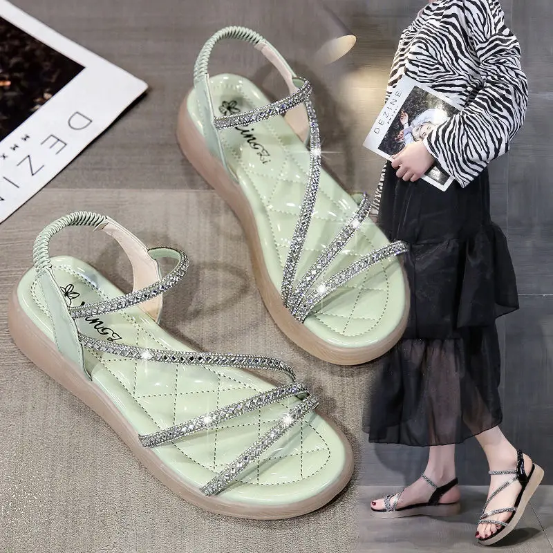 Flat-heeled Sandal Woman Rhinestone Sandals for Women Summer New 2024 Without Heel Elegant Roman Orthopedic Fashion Comfortable