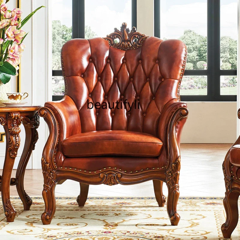 

American solid wood leisure chair European retro leather tiger sofa chair lazy guest chair