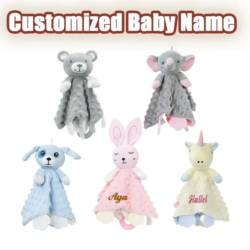 

Personalized Baby Security Blanket Teether Plush Stuffed Toy Custom Blanket Comforter Bunny Elephant Baby girl boys Gift