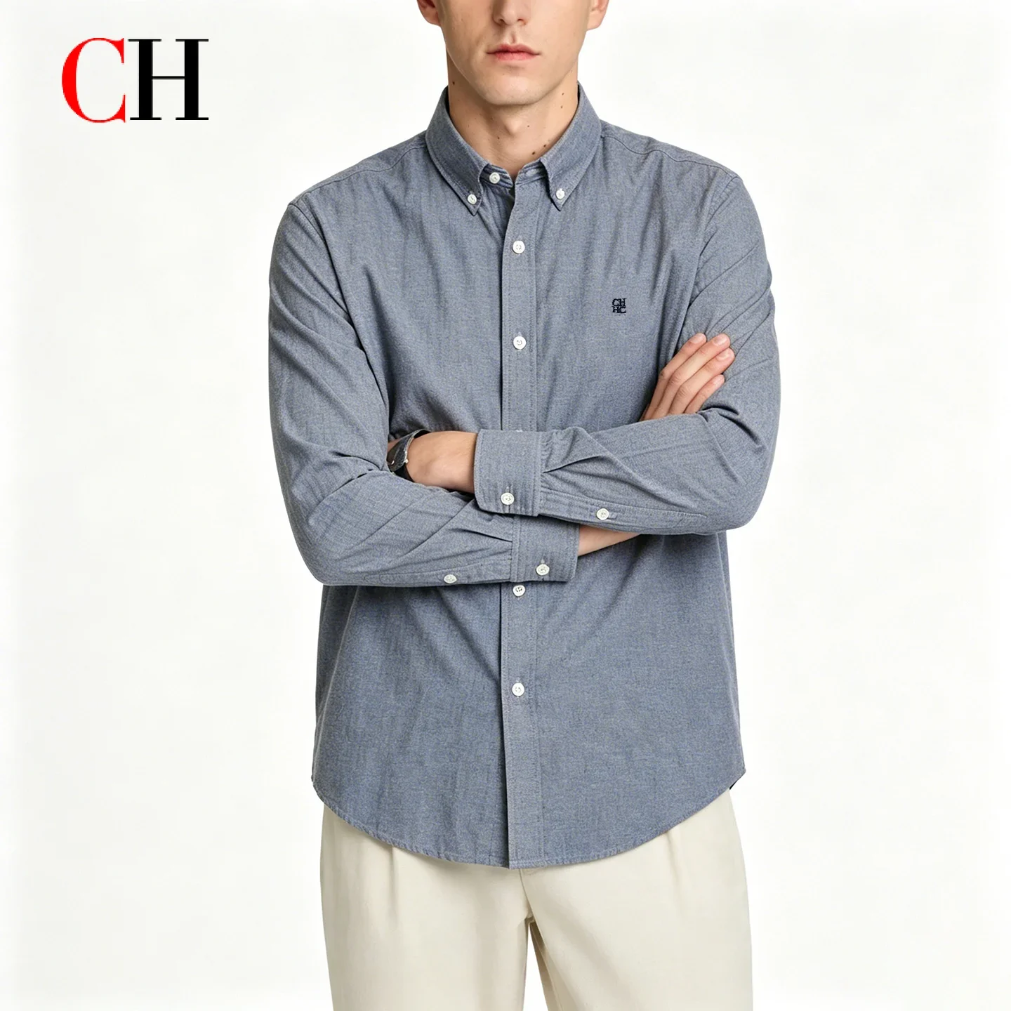 CH Mens Timeless Button Down Collar Low Key Tiny Sign Embroidery Clean Curved Hem Long Sleeve Shirt Office Layering Wear