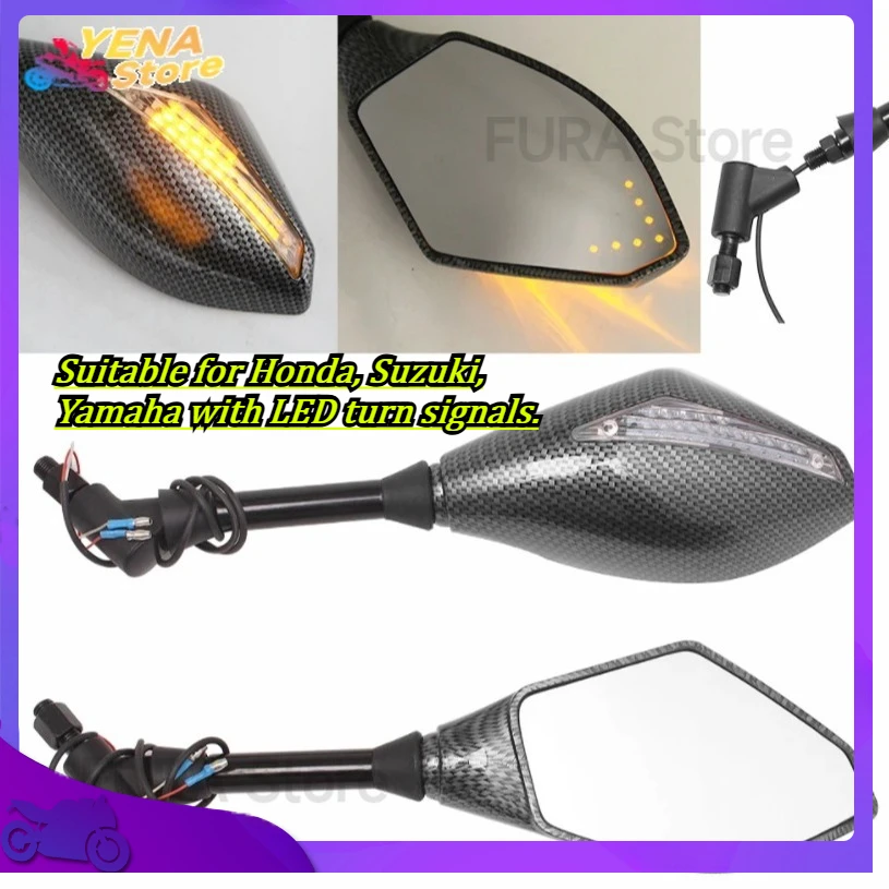 

Motorcycle side-view mirror with adjustable rotating rearview mirror. Suitable for Honda, Suzuki, Yamaha with LED turn signals.