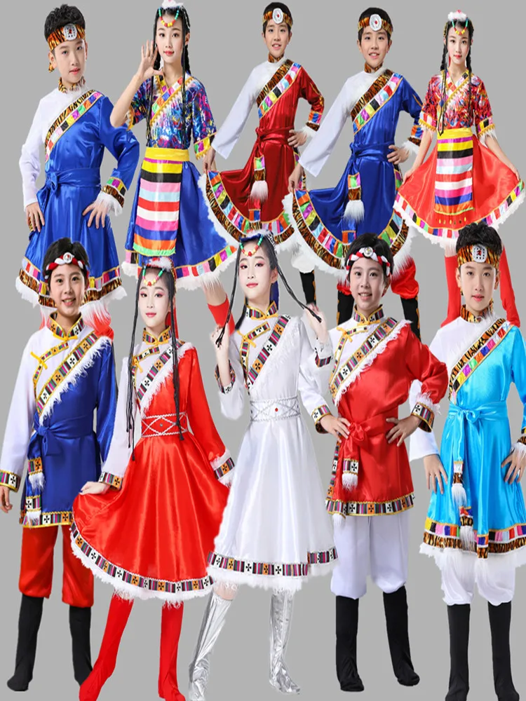

Chinese ethnic style girls dance dress Xizang ethnic minority boys Tibetan suit chinese dance costume dress