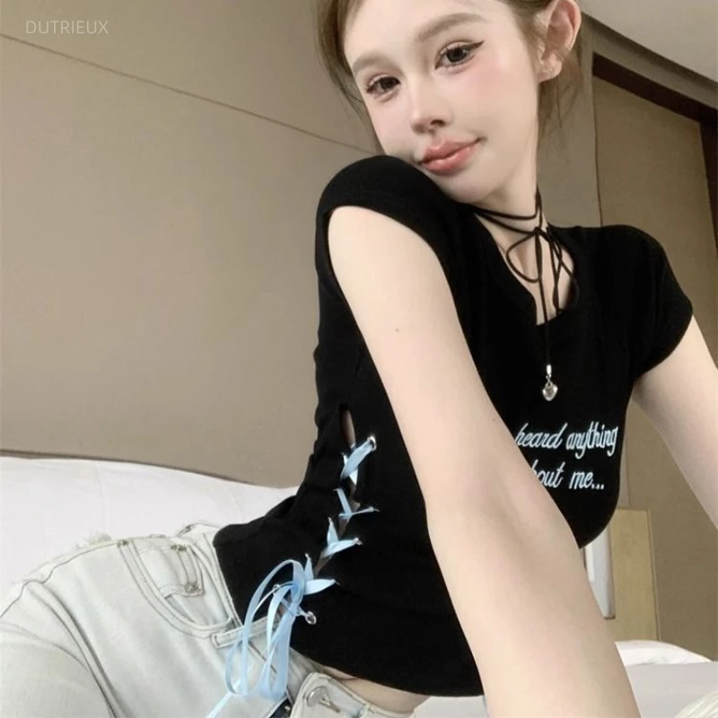 New Summer Sweet All Match Girl O Neck T Shirts Personality Side Cross Lace Up Constrast Color Clothes Y2k Harajuku Niche Tops
