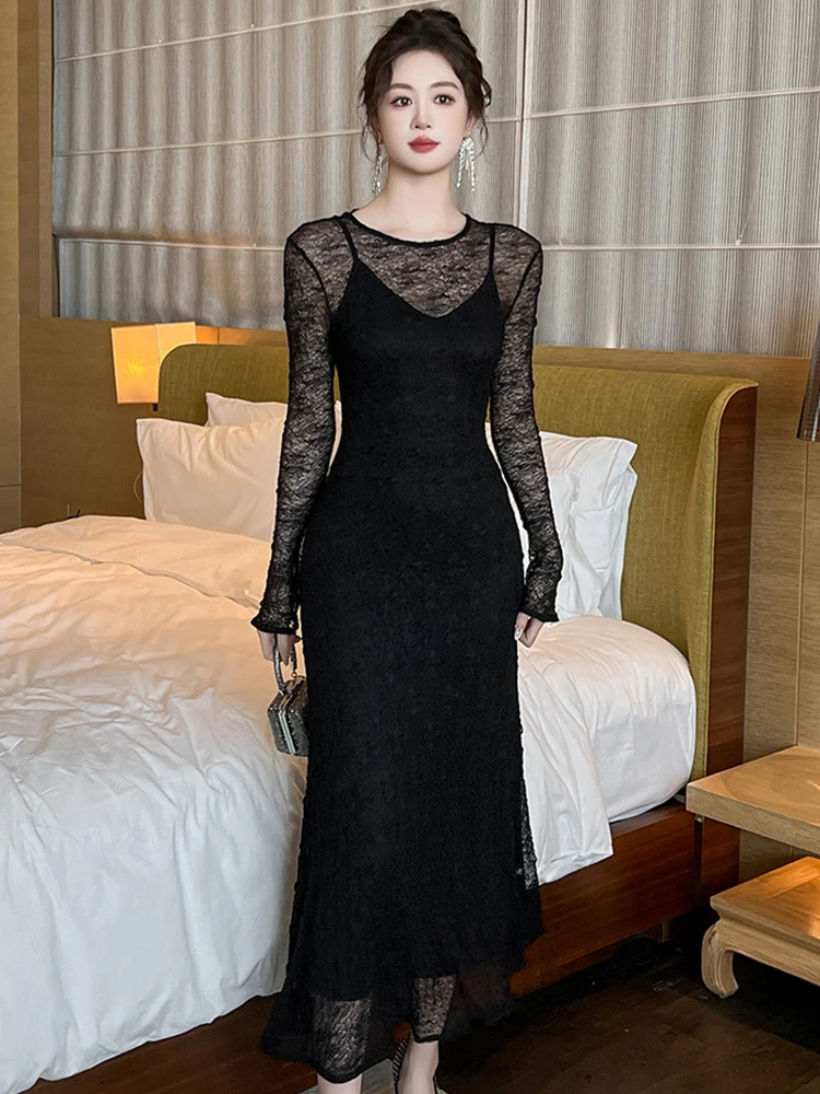 Damska Odzież Czarna Koronka Prześwitująca Seksowna Sukienka z Dekoltem O-Neck Obcisła Długa Elegancka Modna Wieczorowa na Imprezę Bal Vestido Robe Codzienna Nowa Elastyczna