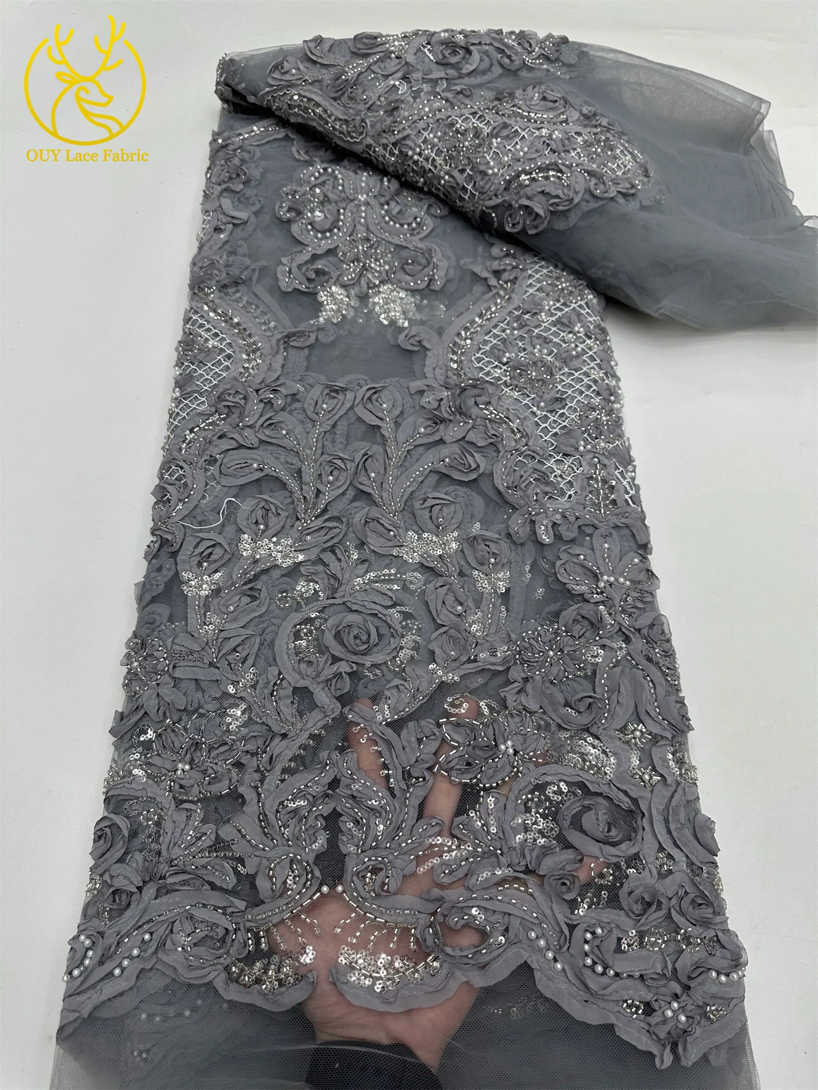 3D Afrikanischer Perlen-Spitzenstoff Schwarz Rot Luxuriöser Hochwertiger Französischer Pailletten-Tüll für Damen Abendkleid DIY Nähen 5 Yards – Detail 26
