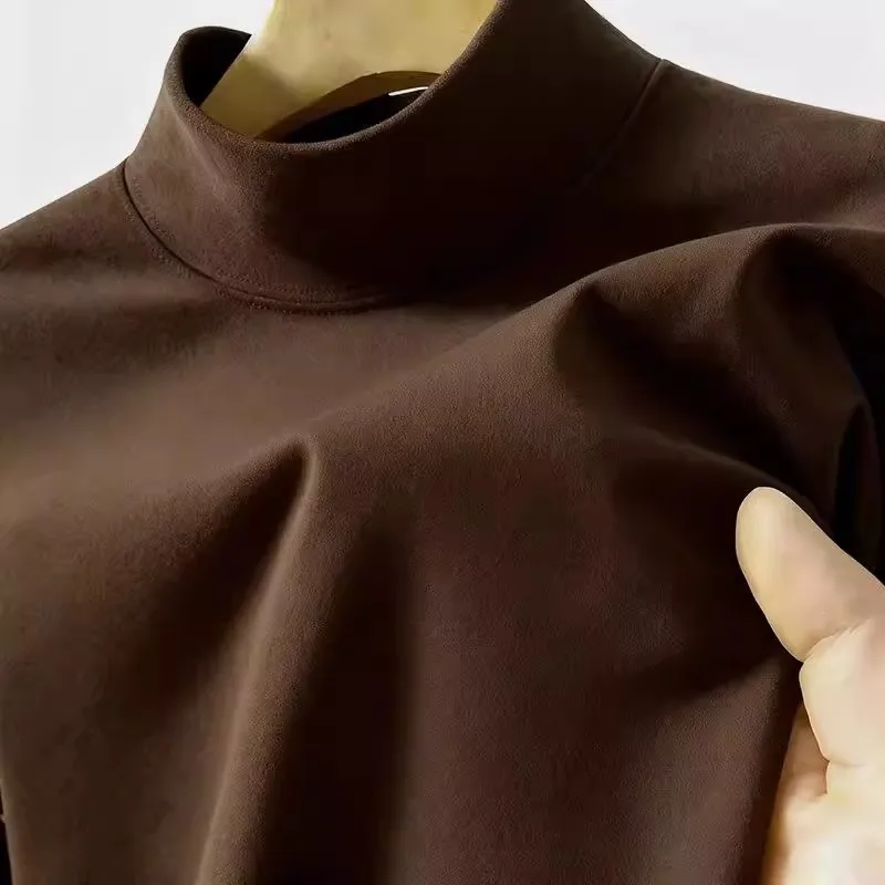 Men's Long Sleeve Thermal Fleece T-Shirt Slim Fit Casual Wear Double-sided Velvet High Neck Top for Autumn Winter