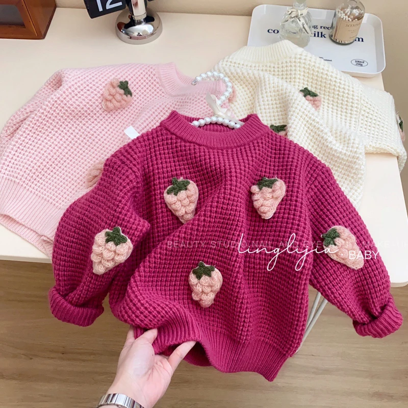 Autumn Winter New Girls Knit Cardigan Coat Strawberry Print Round Neck Sweater Bottoming Shirt For 2-6Y Kids Warm Knitted Jacket