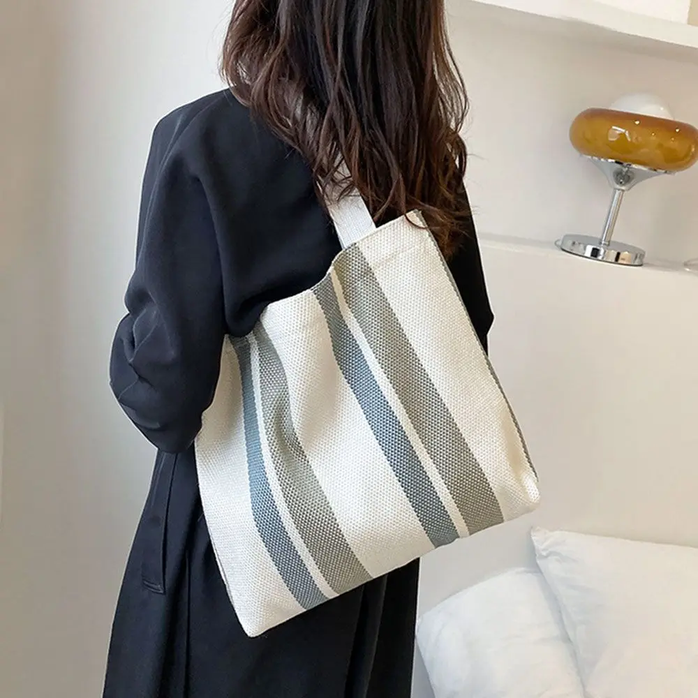 Simple Retro Handbag Small Fresh Striped Canvas Bags for Women Casual  Art Large-capacity Shoulder Bag Female