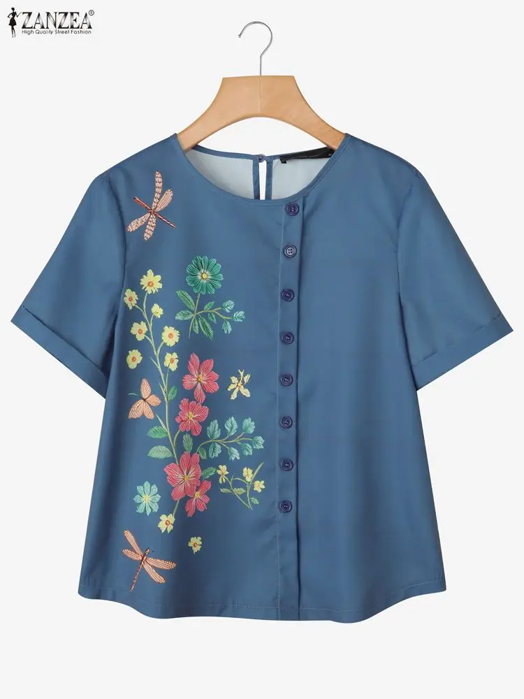 เสื้อผู้หญิง ZANZEA ลายดอกไม้ สำหรับฤดูร้อน สไตล์วินเทจ เหมาะสำหรับใส่ทำงานหรือใส่ลำลอง คอทรงโอ แขนสั้น ติดกระดุม ทรงหลวม
