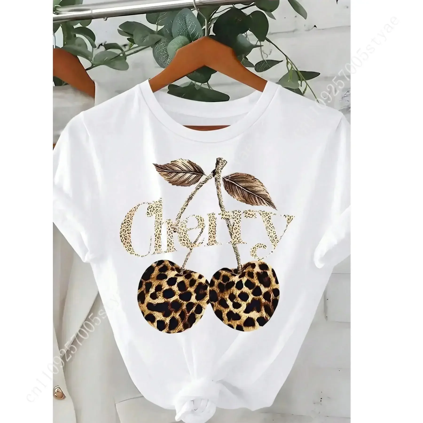 Camiseta gráfica con cuello redondo y estampado de cerezas y leopardo para mujer, camiseta informal de manga corta de estilo vintage para uso diario, para mujer All Sea