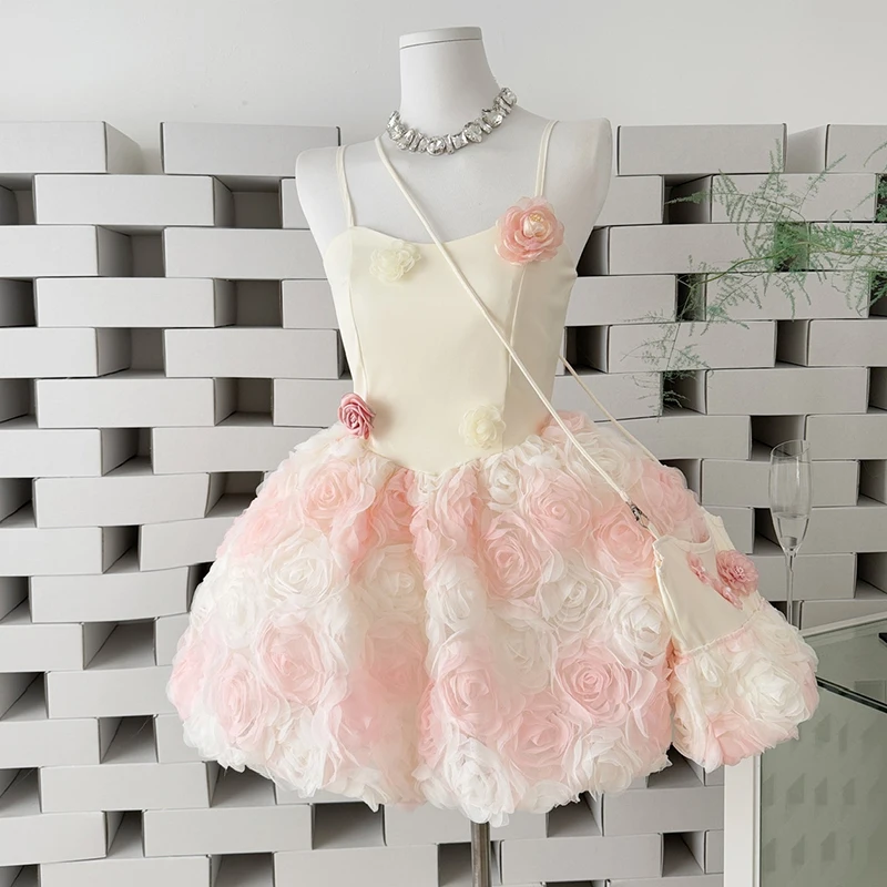 

Satin Rose Dress & Matching Bag Elegant Sexy Spaghetti Strap Mini Dress Women Summer A-Line Ball Gown Short Dress Female 2026