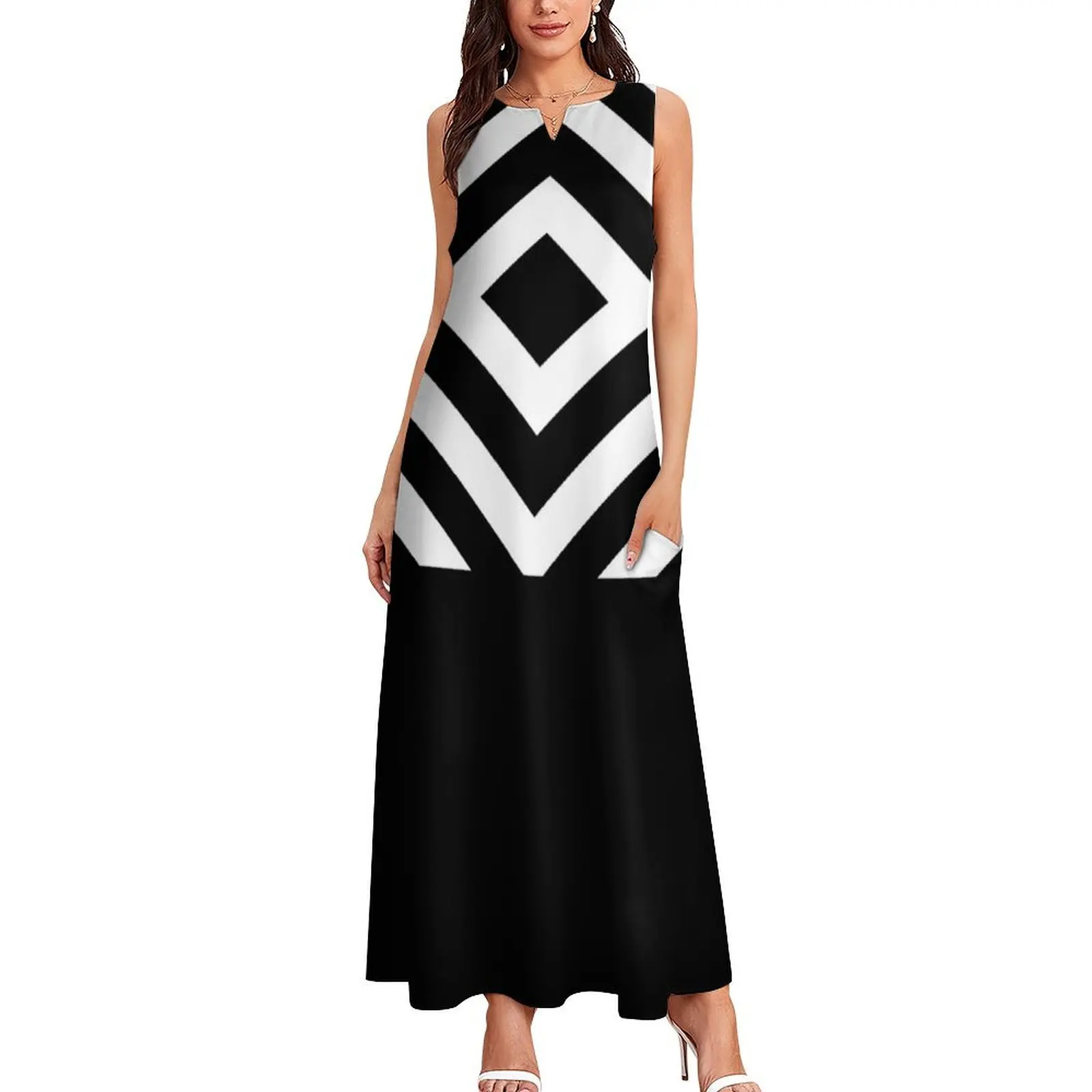 Op Art 60s Mod Triangle Design - Black & White Long Dress dresses for prom dress for woman dresses for official occasions