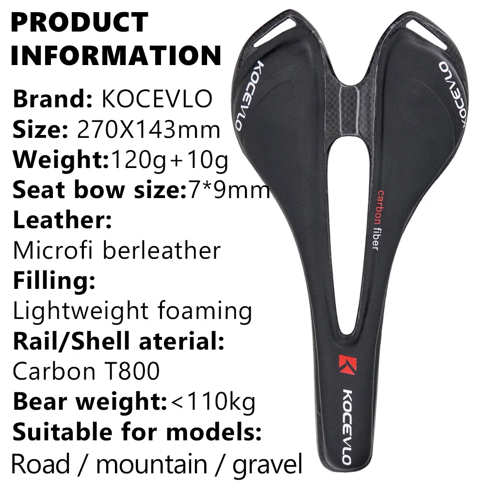 KOCEVLO Carbon Saddle T800 Carbonfiber+Leather Fiber Ultralight Road Bicycle MTB Bike Saddle Seat