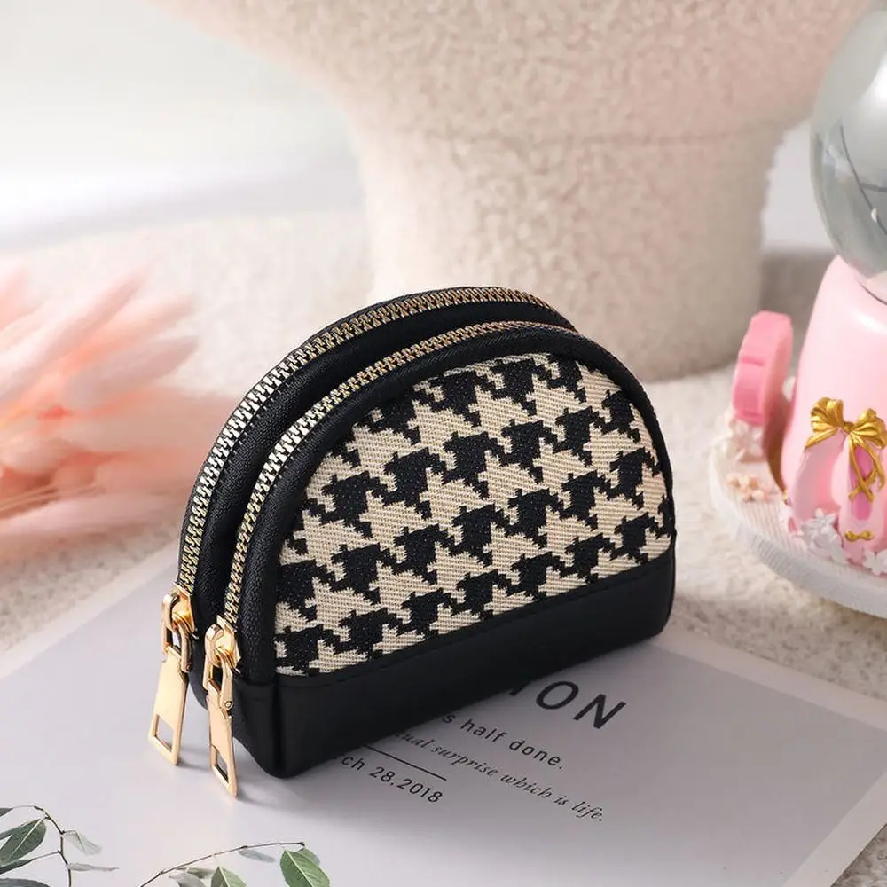 Temperamental Small with Key Chain Canvas Houndstooth Mini Wallet Card Holders Women Coin Purse Leather Bag