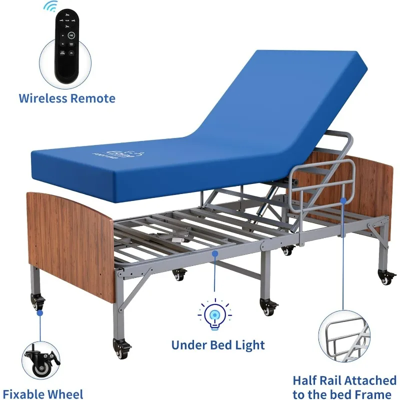 Adjustable Bed Frame with Hospital Waterproof Mattress - Wireless Remote, Underbed Light, Headboard, 2.5