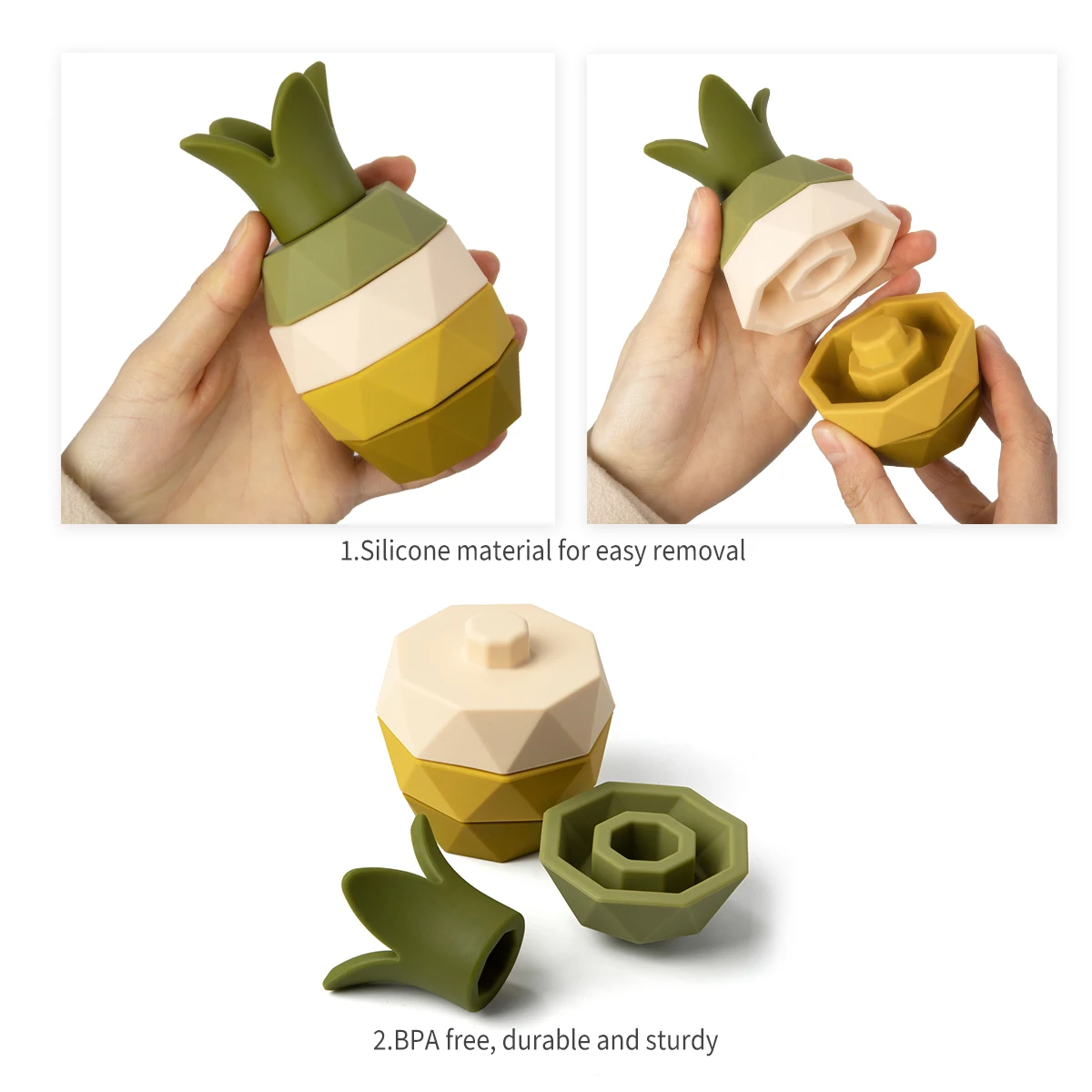 シリコーンスタッキングおもちゃベビービルディングブロックフルーツネスティングデザイン Bpa フリーソフトシリコーンステッカースタッキングブロックゴム歯が生える