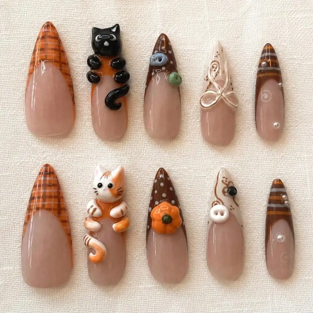 Cozy Fall Press On Nails, 3D Cat Autumn Nails, Brown Plaid Pumpkin Design/ Universal In 899 Regions