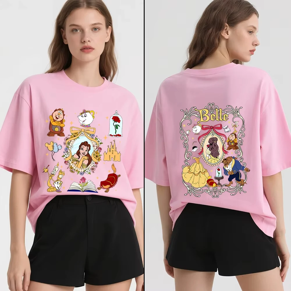 تي شيرت ديزني بيوتي آند ذا بيست بيل مطبوع للنساء كاجوال مريح للارتداء اليومي تي شيرت ناعم ملابس أطفال بنات #1