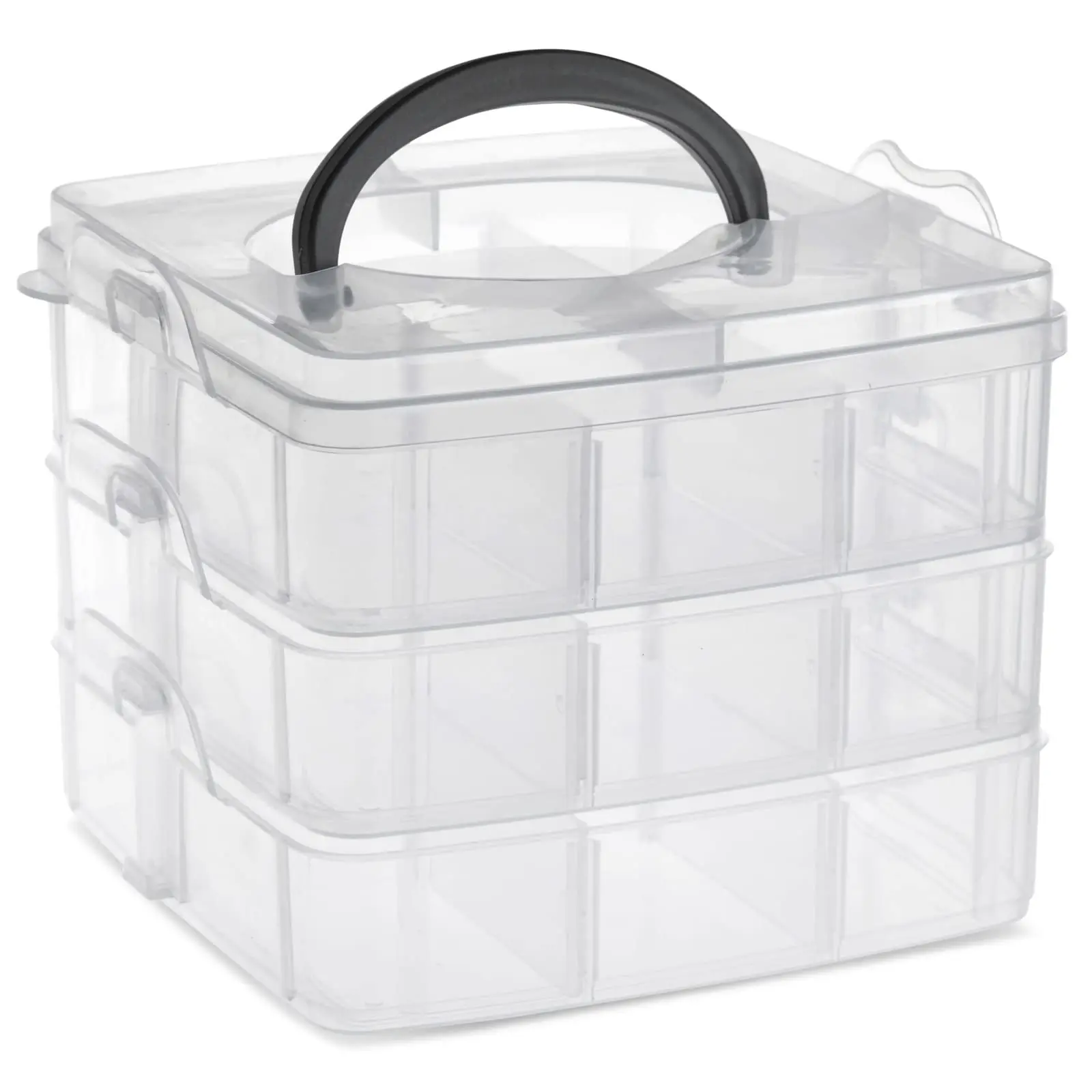 3-Tier Transparent Stackable Adjustable Compartment Slot Plastic Craft Storage Box Organizer Snap-lock Tray