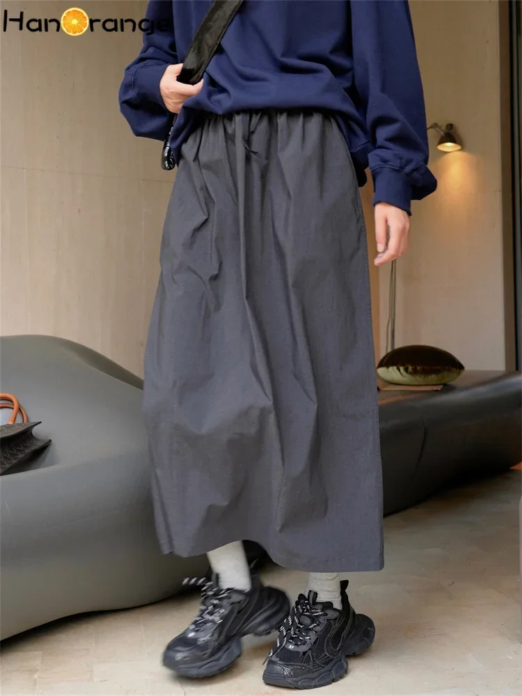 HanOrange 2026 Street Casual Spódnica do połowy łydki z wysokim stanem, luźna, z elastyczną talią, w kształcie litery H, midi, szaro-zielona/szaro-czarna