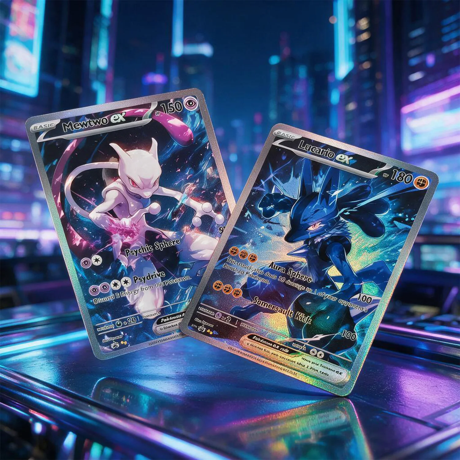DIY Proxy Collection Cards Mewtwo Ex Lucario Ex Blue Ice Splash Background Self Made Full Art Holo Foil Anime Game Card Gift Toy