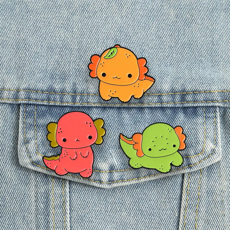 Kawaii Axolotl Fruit Badges Red Orange Green Salamander Enamel Pin Fun Cute Lovely Animal Brooch Retro Accessories