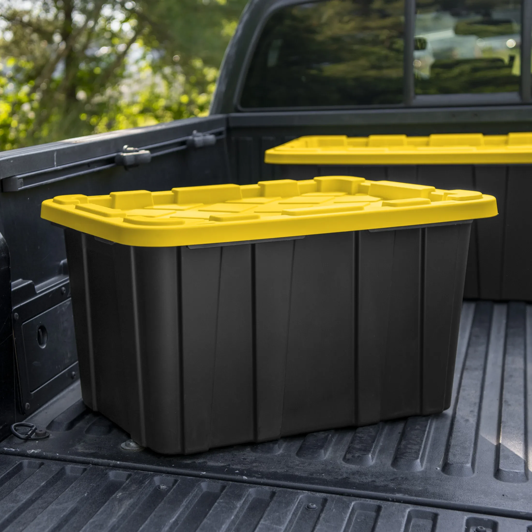 Large Storage Bin, 27 Gallon Durable Plastic Storage Tote with Snap-On Lid, Black and Yellow, 6 Pack