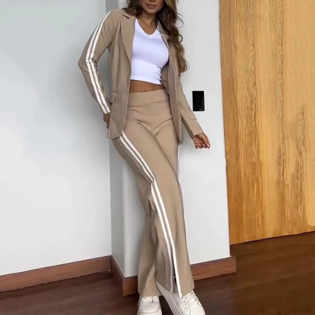 2Pcs/Set Women Formal Suit Coat Pants Set Long Sleeves Autumn Winter Loose Striped Wide Leg Suit Pants Casual Blazer Outfit