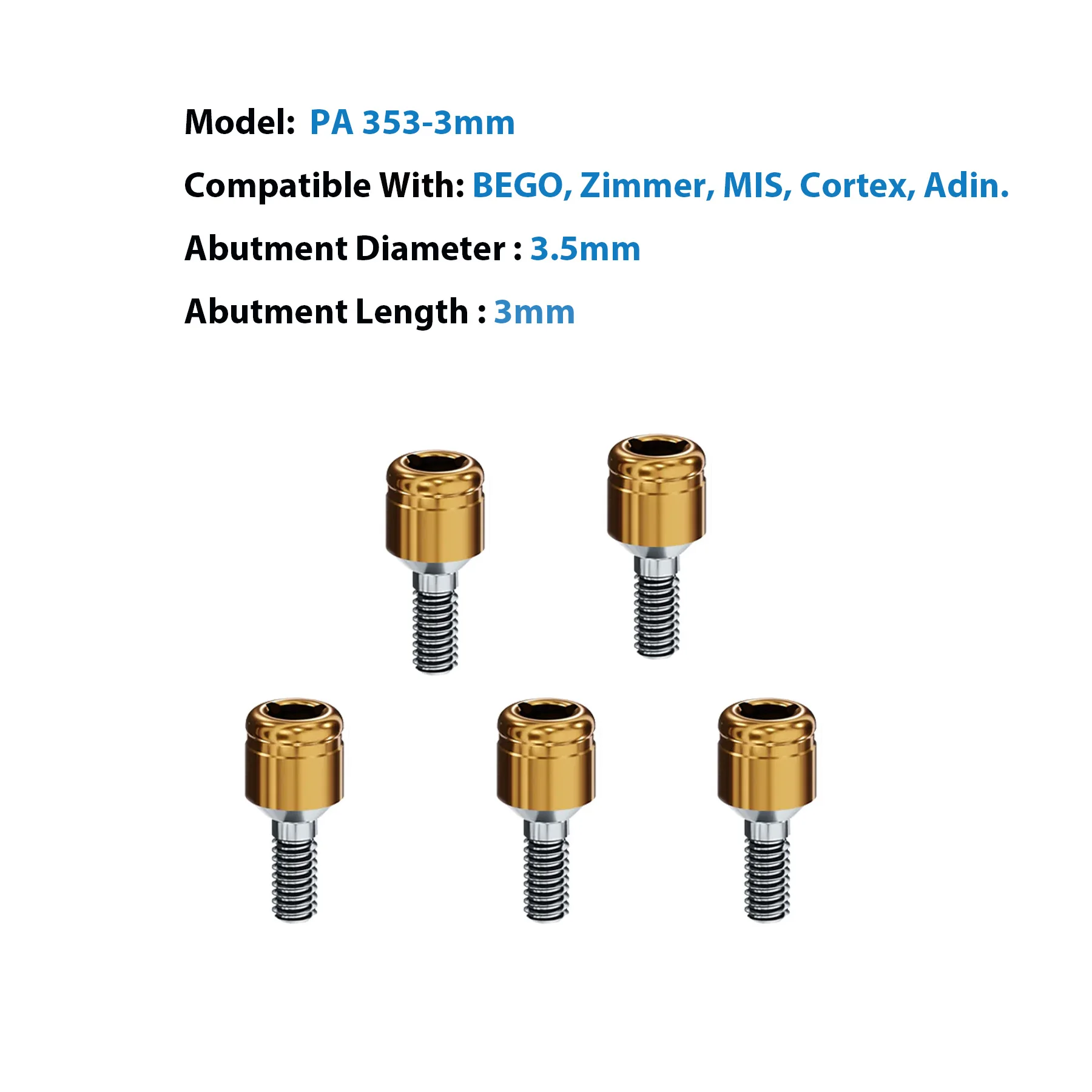 5Pcs Dental Implant Attachment Abutment Male Cap Kit Removable Fit Zimmer PAØ3.5mm 3/4/5mm