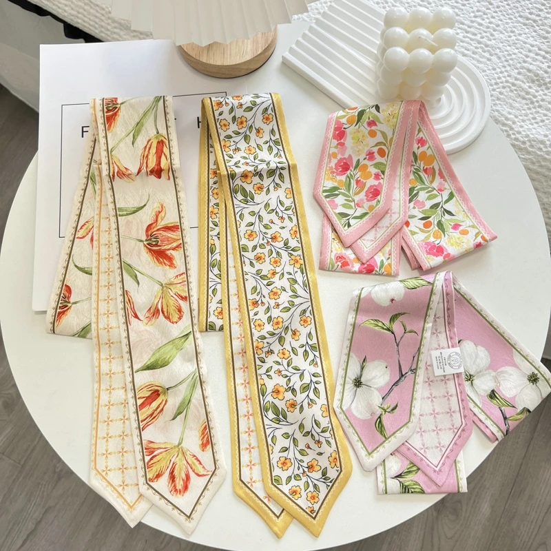 High-Grade Flower Color Series Silk Scarf Hair Band Ribbon Tied-up Hair Long Bow Vintage Satin Ribbon Hair Accessories For Women