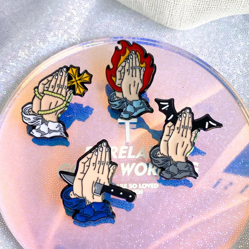 Funny Bat Flame Knife Cross Enamel Brooch Cartoon Palms Together Backpack Lapel Badge Pins Jewelry Halloween Gift For Women Men