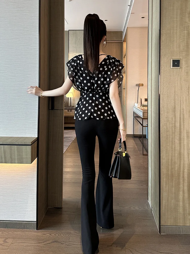 A-Leibniz Black high waisted pants for women's summer new collection, slimming and slimming casual micro flared pants 91640