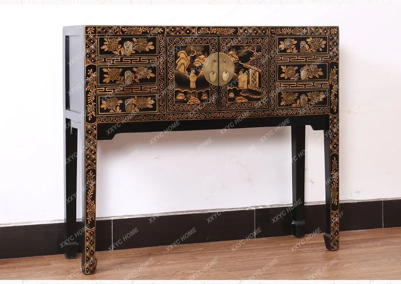Gold-painted foyer, strip case, entrance cabinet, solid wood antique and old-fashioned painted edge