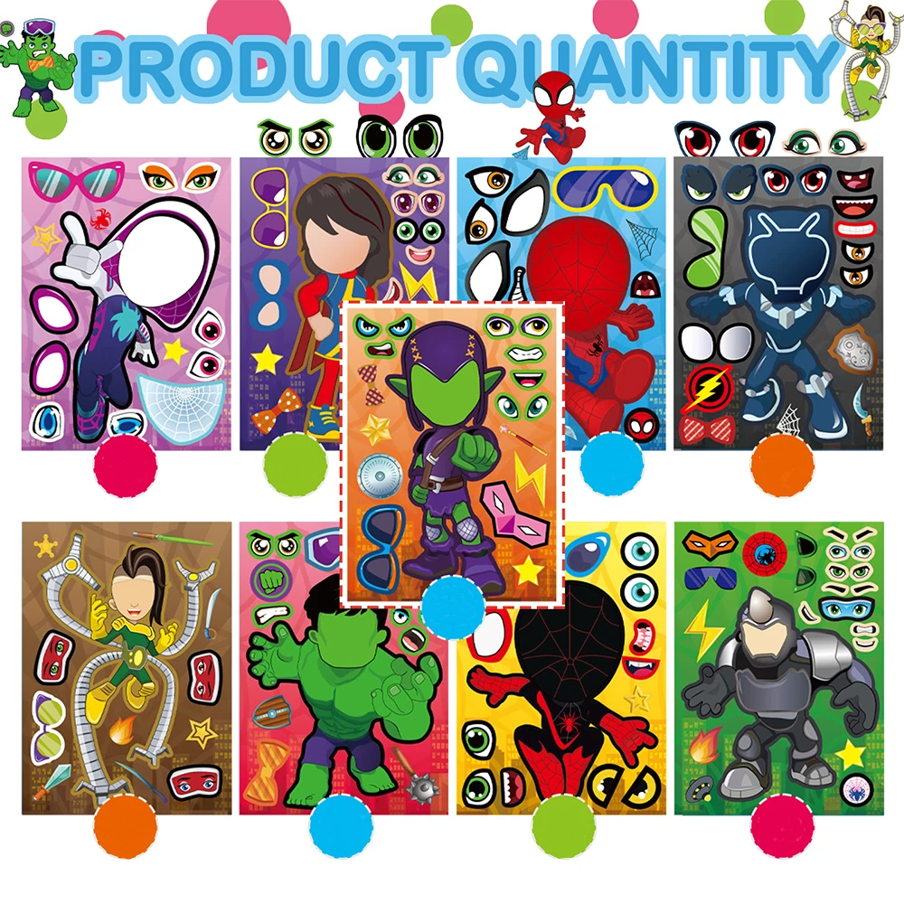 9/18Sheets Disney Spiderman and His Amazing Friends Puzzle Stickers Kids Anime Make-a-Face Assemble Jigsaw DIY Cartoon Sticker