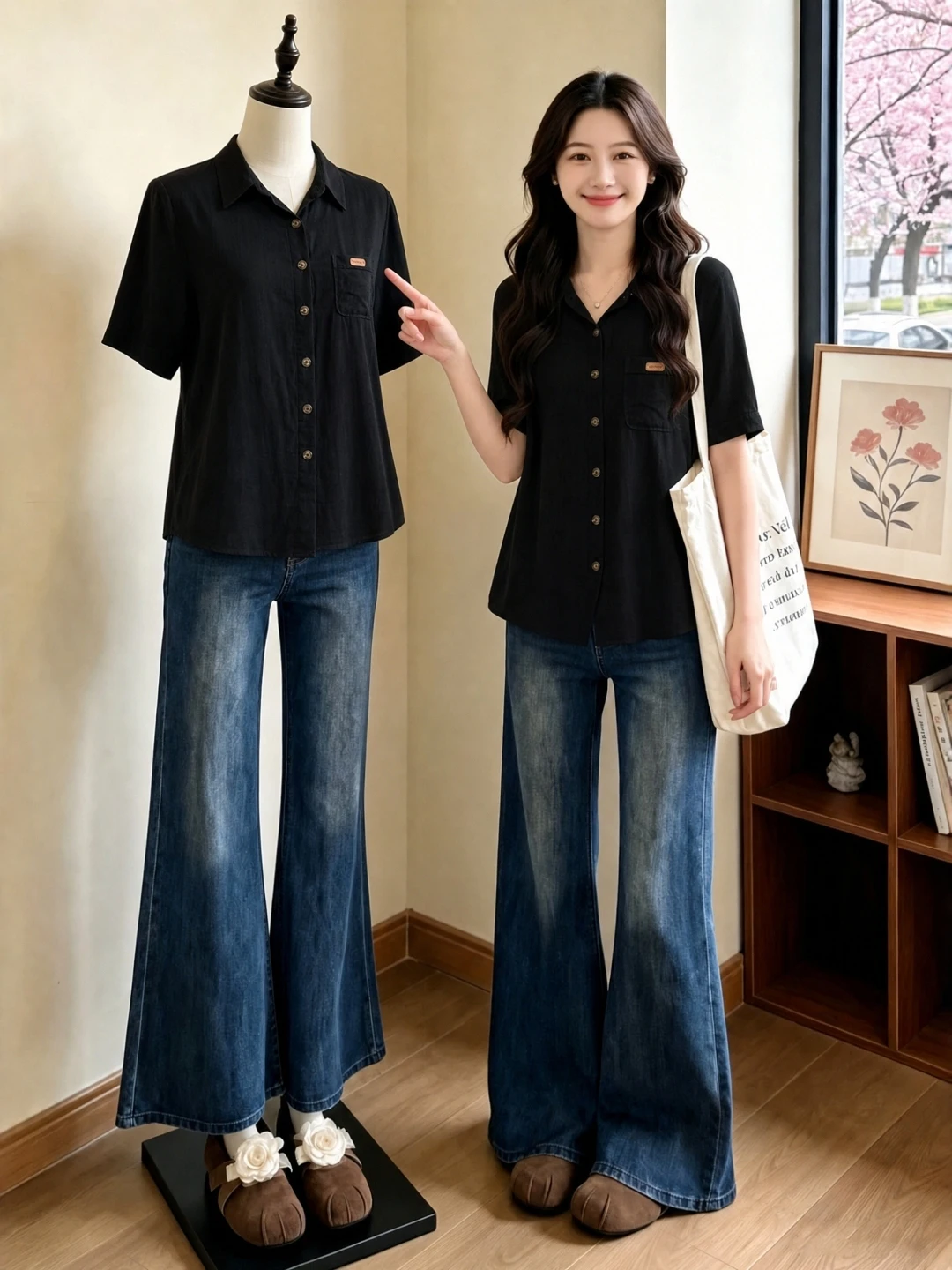 

Elegant Black Short Sleeve Loose Fit Women's Shirt Shoulder Width Regular Korean Style Summer New plus Size Slimming Top