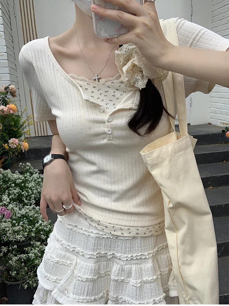 Korean Lace Two Women Shirt Piece Floral Sweet Slim Patchwork Simple Shirt O Female T Neck Kawaii Short Sleeve Tees