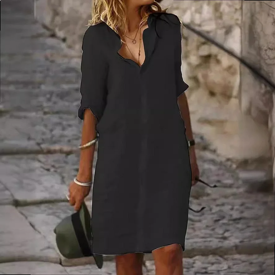 เดรสเชิ้ตทรงหลวมติดกระดุม ความ - Casual Loose Linen Shirt Dress บทวิจารณ์และราคา