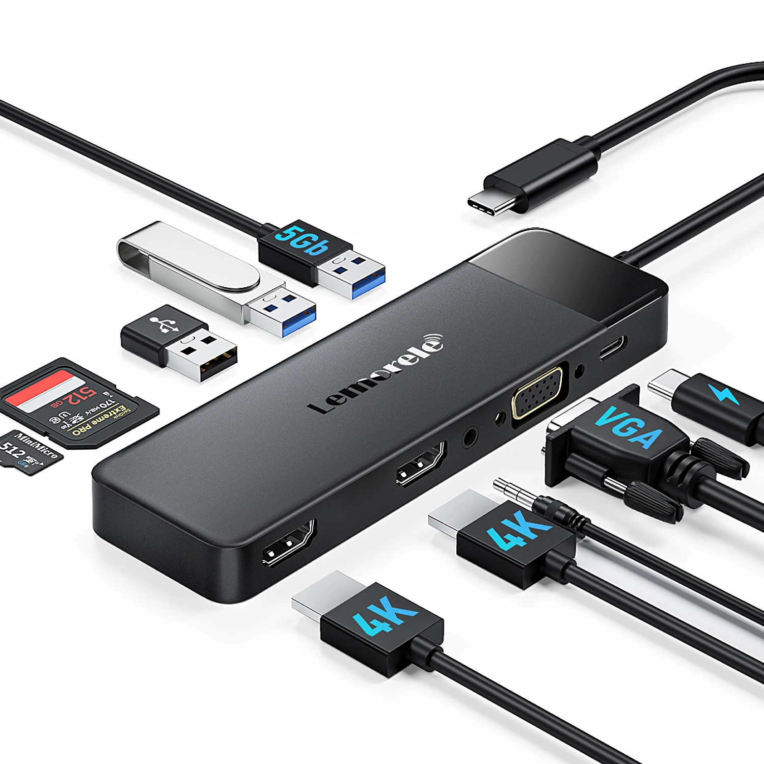

Lemorele 10-в-1 USB-C Hub Многофункциональная док-станция типа C к двойному HDMI VGA USB 3.0 Адаптер PD Зарядная док-станция Устройство чтения карт SD