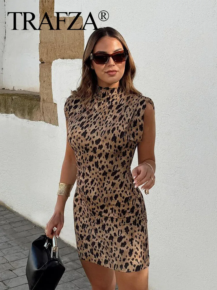 

TRAFZA Woman Fashion Vintage Leopard Print Sexy Sleeveless Dress Women Summer Chic Zipper Slim Holiday Party Mini Dresses