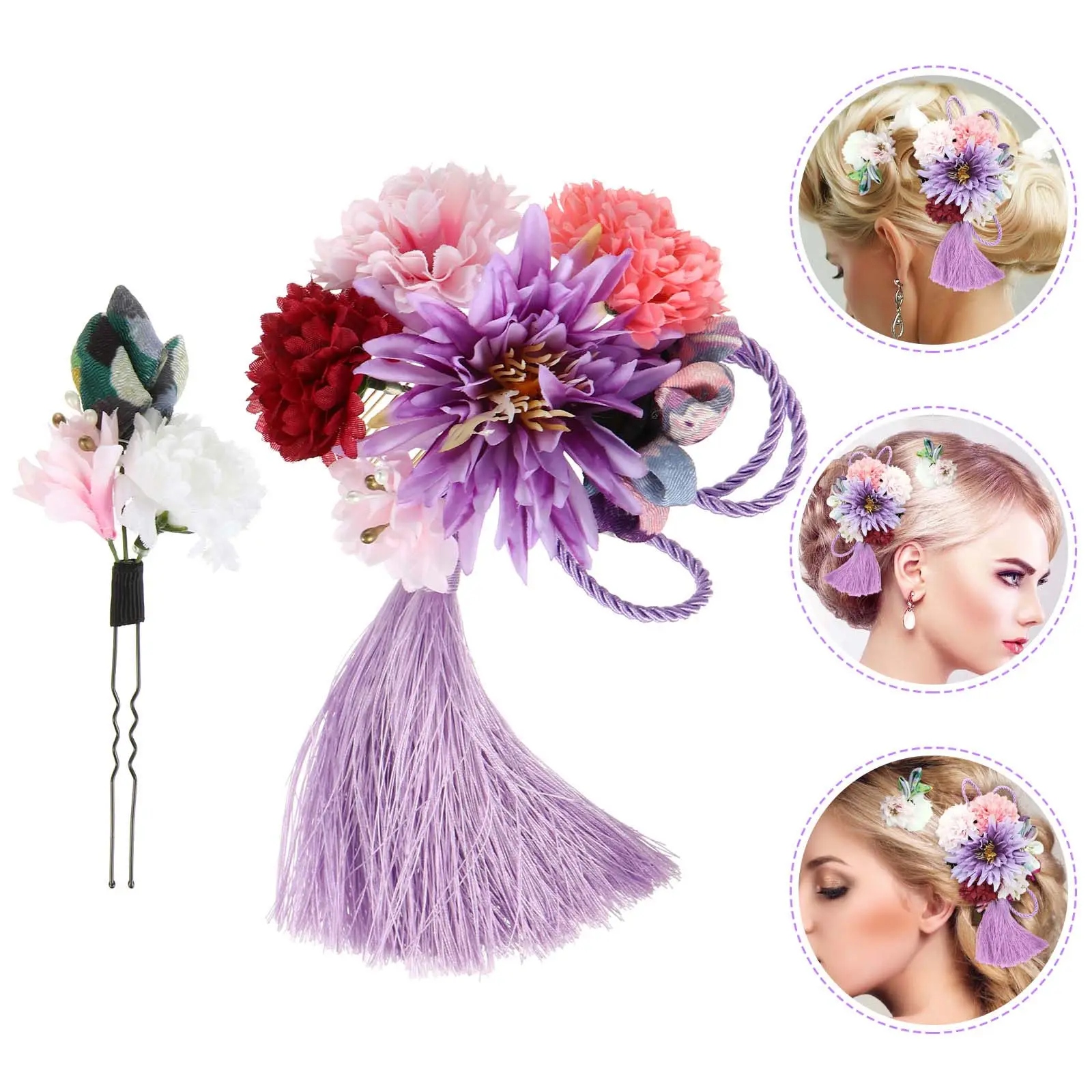 

2Pcs Authentic Japanese Style Hair Combs with Floral Tassels Ideal for Festival Theme Hair Styling and Photo