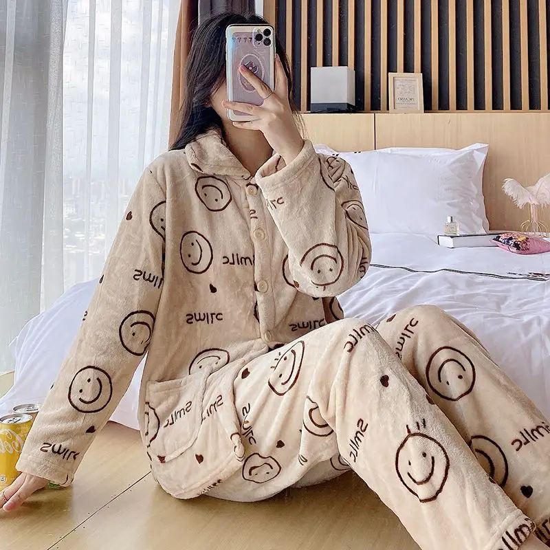 2023 New Autumn Winter Thick Coral Fleece Pajamas Women's Set Loungewear Plus-plus-size Cute Flannel Long-sleeved Sleepwear
