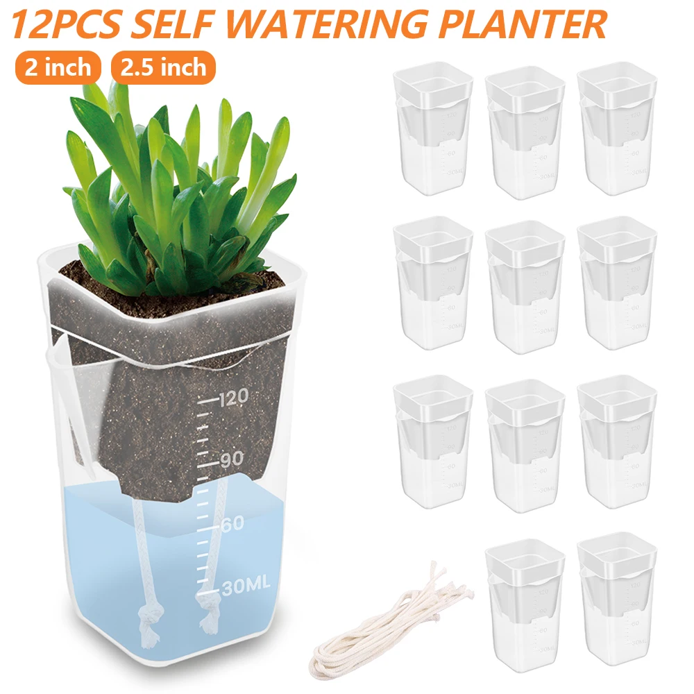12 Pcs Self Watering Planter Plastic Double Layer Flower Pot with 12 Absorbent Cotton Wick Transparent Garden Hydroponic Device