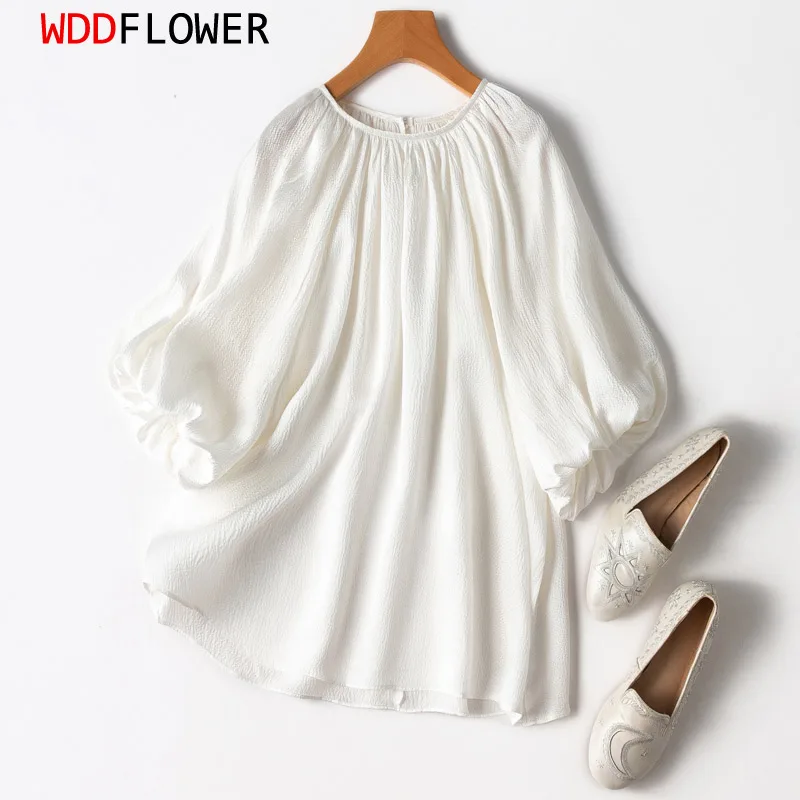 Women 100% Mulberry Silk 20 Momme Thick Pearl Silk Loose Type Baby Doll White Color Ruff sleeve Top Shirt Blouse Plus Size MM551