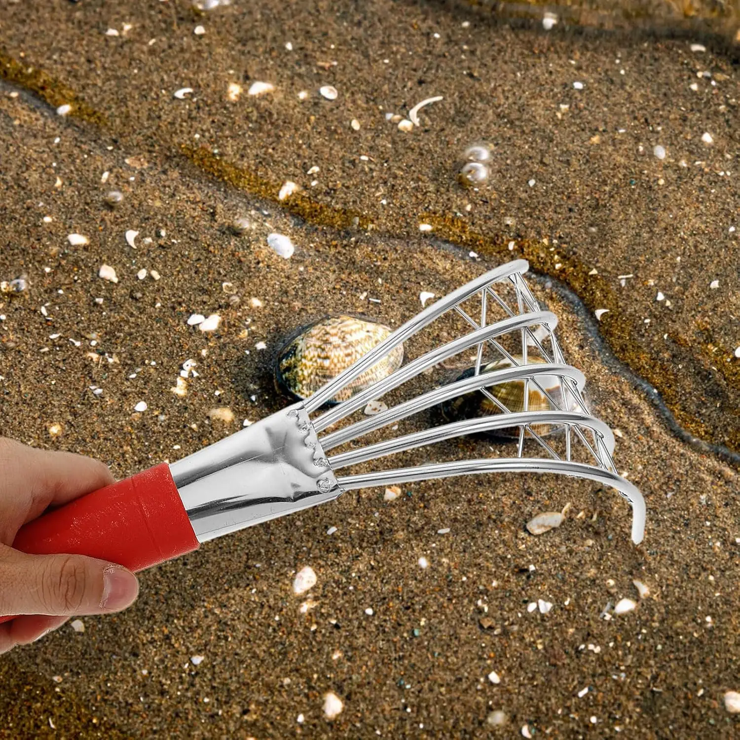 Claw Rake with Mesh Net Japanese Hands Rake 5-tine Steel Clamming Claw Long Handled Shell Clam Digger Seafood Accessories Garden