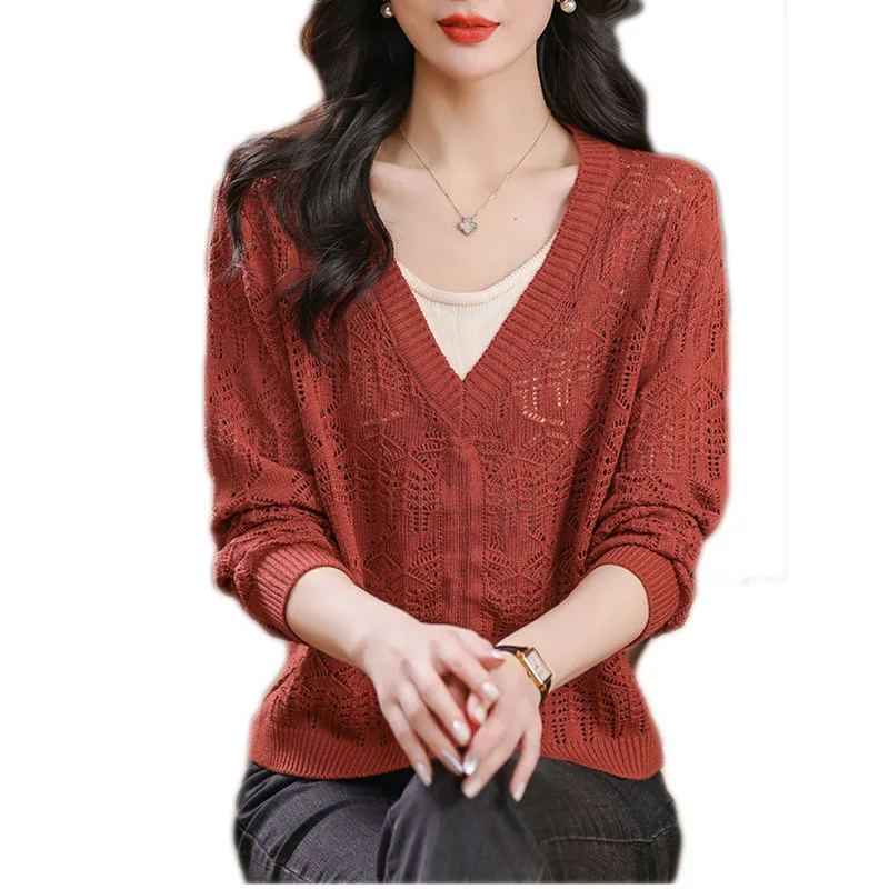 2024 Summer Thin Long Sleeve Hollow Out Pullover Top Women New V-neck Long Sleeve  Pull Jumpers Female Pullovers