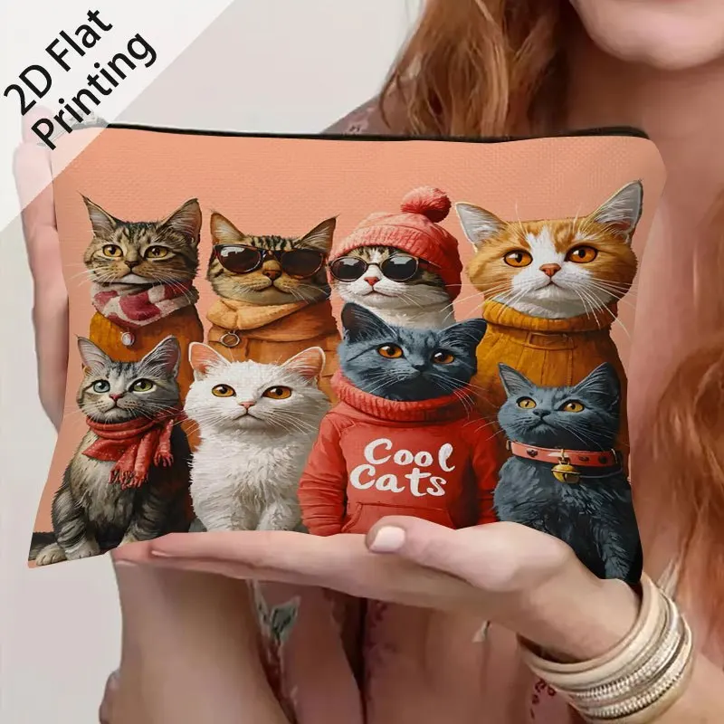 Cool Cats Makeup Bag Cute Fashion Cats Group Print Zipper Cosmetic Pouch Travel Storage Bag Women Toiletry Organizer Gift