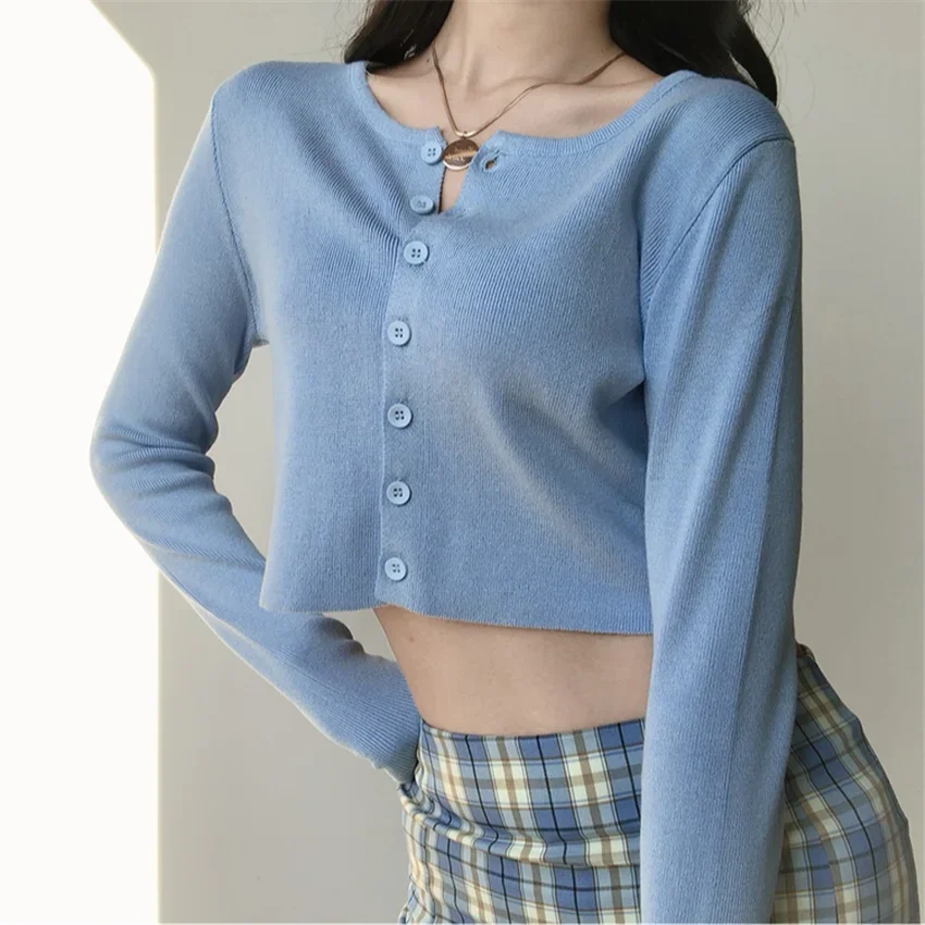 

Korean Style O-neck Short Knitted Sweaters Women Thin Cardigan Fashion Sleeve Sun Protection Crop Top Ropa Mujer