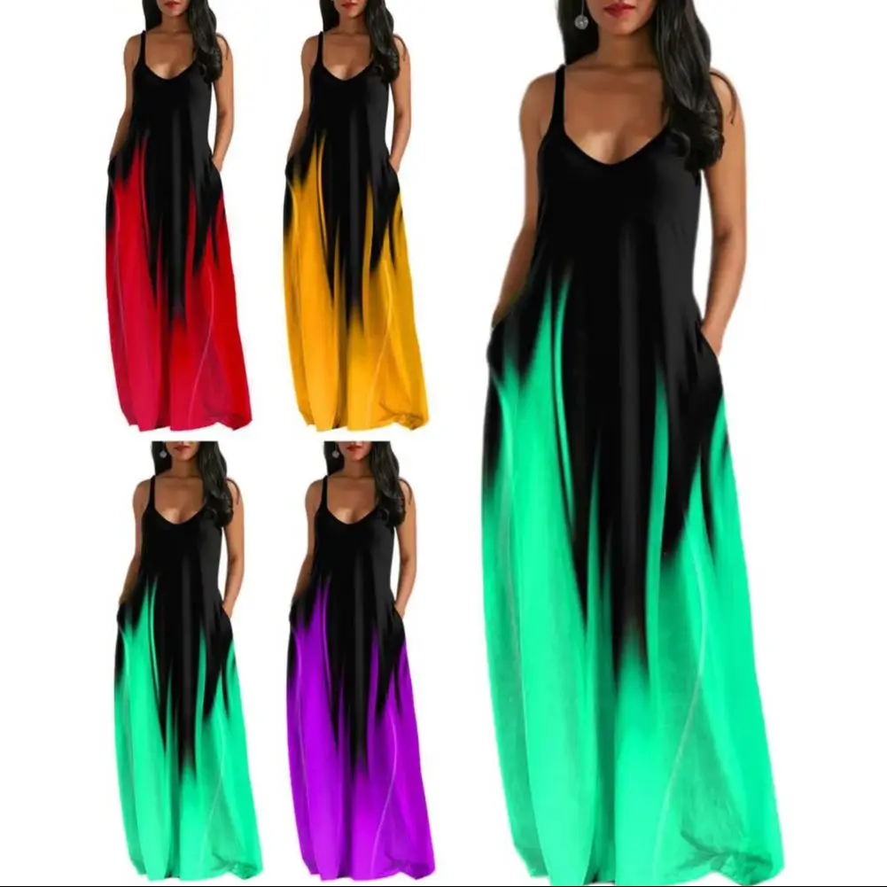 فستان نسائي 2025 برقبة على شكل حرف v وألوان متباينة متدرجة بدون أكمام ملابس يومية فضفاضة بقصة منخفضة بدون ظهر فستان صيفي للسيدات Cl