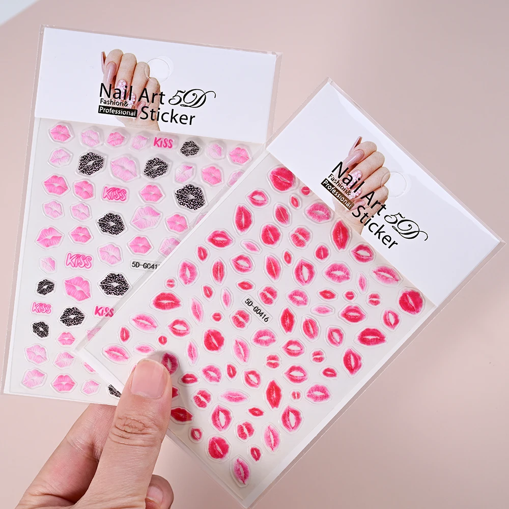 2 قطعة عيد الحب ثلاثية الأبعاد الشفاه الحمراء طباعة مسمار الفن ملصقات الوردي القبلات مسمار الشارات لاصق المنزلق عيد الحب مانيكير اكسسوارات #2